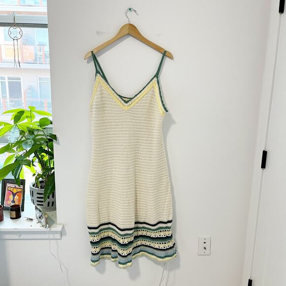 Universal Thread Cream & Green Crochet Knit Midi Dress Size Large - Picture 1 of 4